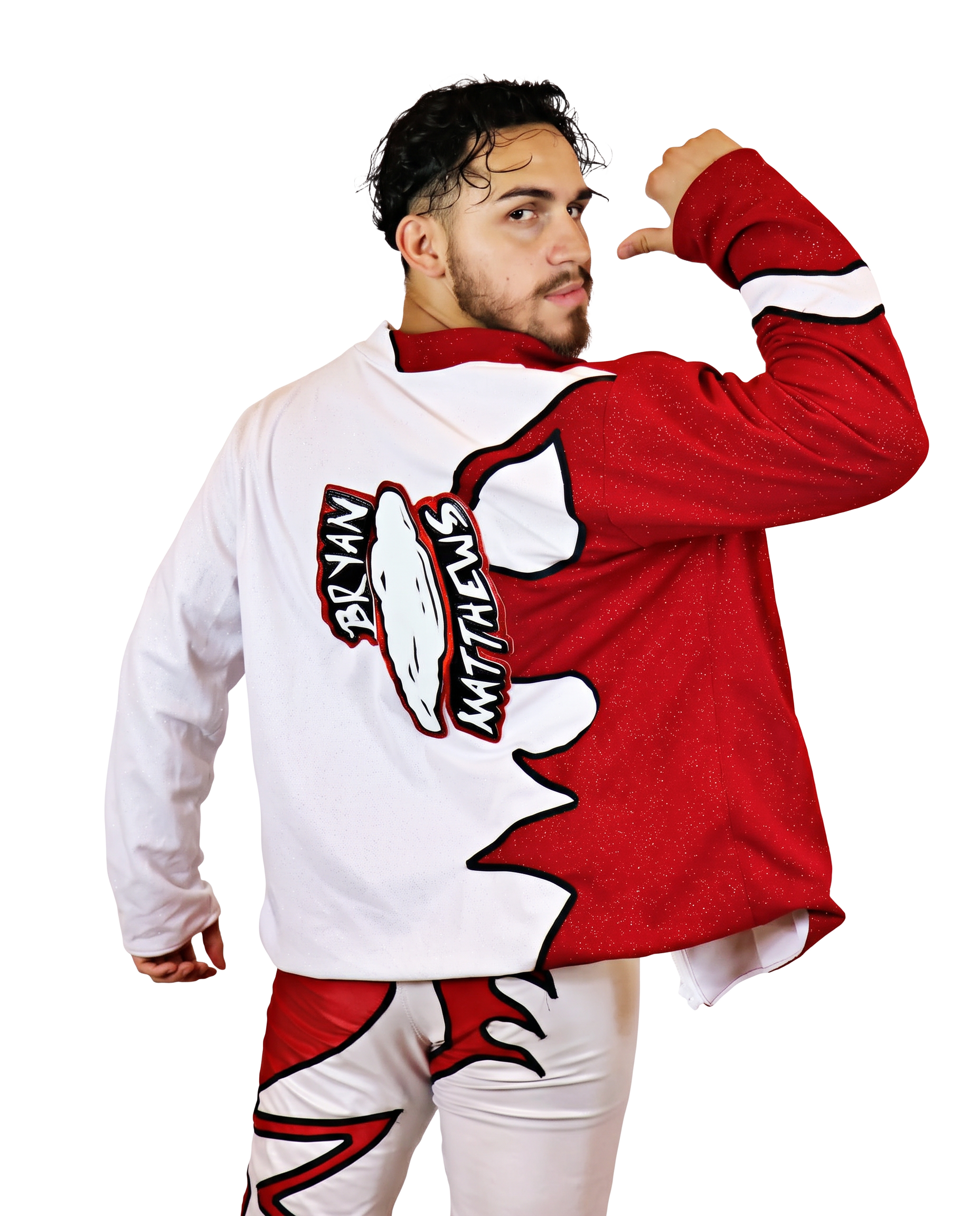 Bryan Matthews flexing in his red-and-white ring jacket